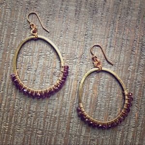 Gold Hoop Earrings with Purple Glass Beads
